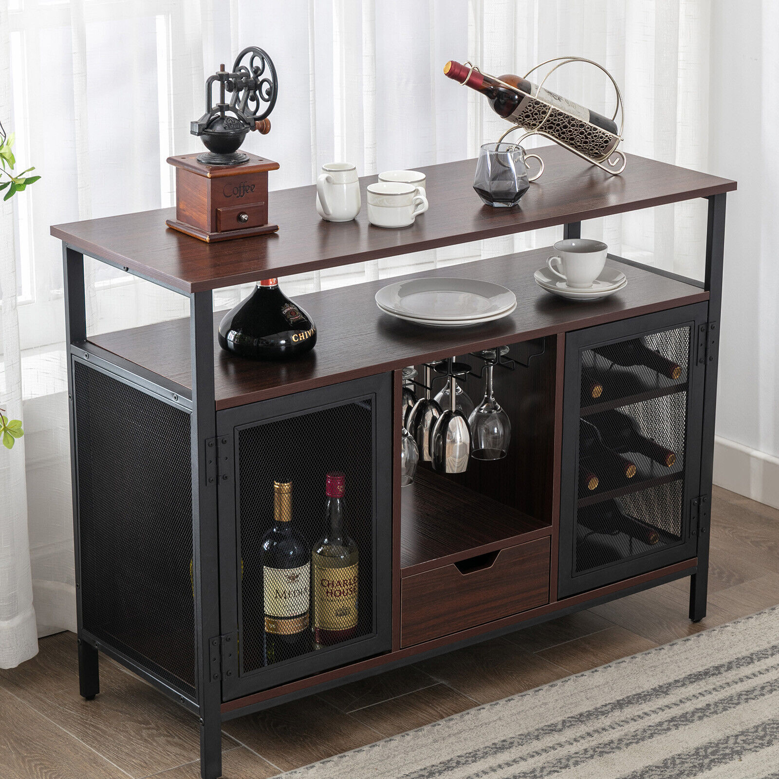 Industrial Wine Bar Cabinet with Glasses Rack