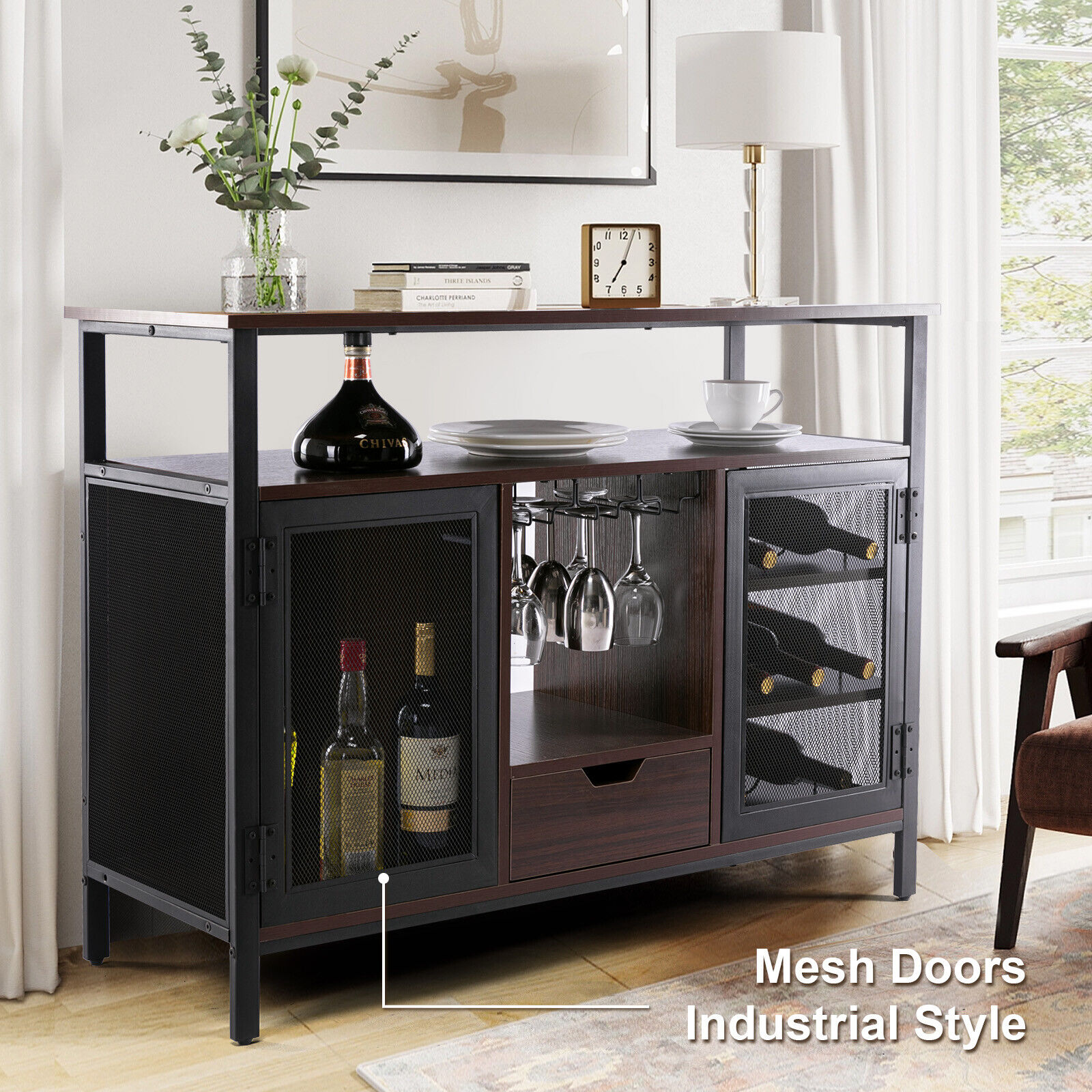 Industrial Wine Bar Cabinet with Glasses Rack