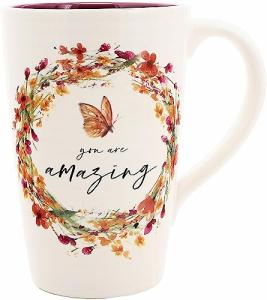 Pavilion Gift Company - You Are Amazing 17-ounce Cup, Floral Pattern Coffee Mug, Butterfly Coffee Cup, Spring Summer Kitchen Ideas, Inspirational Gifts Microwave & Dishwasher Safe, 1 Count, Cream