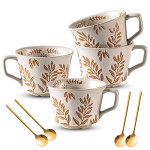 Noevany Coffee Mugs Set of 4 with Gold Spoon, 11 oz Ancient Style Hand-painted Ceramic Mug Gifts for Men Women, Unique Personality Gifts for Home Kitchen Office, Dishwasher Microwave Safe