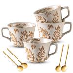Noevany Coffee Mugs Set of 4 with Gold Spoon, 11 oz Ancient Style Hand-painted Ceramic Mug Gifts for Men Women, Unique Personality Gifts for Home Kitchen Office, Dishwasher Microwave Safe