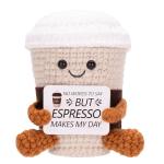 AGIFTMIND Positive Coffee Plush Doll Funny Handmade Crochet Cup with Uplifting Card, Unique Gifts for Coffee Lovers Women Friends Birthday Graduation (Espresso)