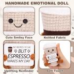 AGIFTMIND Positive Coffee Plush Doll Funny Handmade Crochet Cup with Uplifting Card, Unique Gifts for Coffee Lovers Women Friends Birthday Graduation (Espresso)