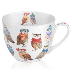 Cute Autumn Owls Coffee Mug, 20 oz Bone China Mugs with Charming Owls in Color Scarves and Hats, Perfect Brithday and Christmas Gift for Bird Enthusiasts, Designed in England by Harvest Green Studio