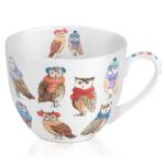 Cute Autumn Owls Coffee Mug, 20 oz Bone China Mugs with Charming Owls in Color Scarves and Hats, Perfect Brithday and Christmas Gift for Bird Enthusiasts, Designed in England by Harvest Green Studio