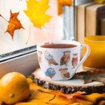 Cute Autumn Owls Coffee Mug, 20 oz Bone China Mugs with Charming Owls in Color Scarves and Hats, Perfect Brithday and Christmas Gift for Bird Enthusiasts, Designed in England by Harvest Green Studio