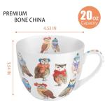Cute Autumn Owls Coffee Mug, 20 oz Bone China Mugs with Charming Owls in Color Scarves and Hats, Perfect Brithday and Christmas Gift for Bird Enthusiasts, Designed in England by Harvest Green Studio
