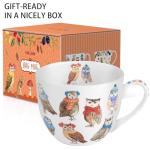 Cute Autumn Owls Coffee Mug, 20 oz Bone China Mugs with Charming Owls in Color Scarves and Hats, Perfect Brithday and Christmas Gift for Bird Enthusiasts, Designed in England by Harvest Green Studio