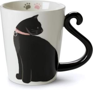 Black Cat Ceramic Coffee Mug: Hand Printed Designs, 12oz