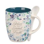 Christian Art Gifts Coffee and Tea Mug with Ceramic Spoon Set for Women: By Grace You Have Been Saved - Ephesians 2:8 Encouraging Bible Verse for Hot & Cold Beverages, Navy Blue/White Floral, 12 oz.