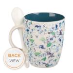 Christian Art Gifts Coffee and Tea Mug with Ceramic Spoon Set for Women: By Grace You Have Been Saved - Ephesians 2:8 Encouraging Bible Verse for Hot & Cold Beverages, Navy Blue/White Floral, 12 oz.