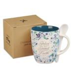 Christian Art Gifts Coffee and Tea Mug with Ceramic Spoon Set for Women: By Grace You Have Been Saved - Ephesians 2:8 Encouraging Bible Verse for Hot & Cold Beverages, Navy Blue/White Floral, 12 oz.
