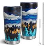 HOWSEESNOW Forest Tree Tumbler, Mountain Tumbler with Lid and Straw, 20oz Vacuum Insulated Coffee Cup, Nature Coffee Mug Gifts for Women,Men, Reusable Stainless Steel Tumbler Cups