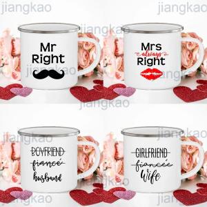 Mrs/mr Right Print Couple Mugs Creative Coffee Cup Drink Dessert Breakfast Milk Cups Enamel Mugs Handle Drinkware Valentine Gift