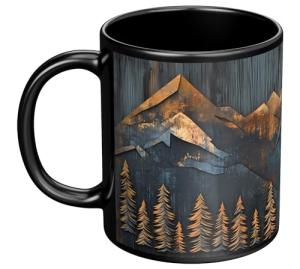 Mountains and Forest Trees Coffee Mug – One Mug, Full Wrap Design (Not Textured) – Outdoorsy Gift for Nature Lovers, Hikers, Campers & Rustic Cabin Decor – 11oz Black Ceramic Cup