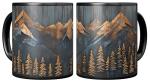 Mountains and Forest Trees Coffee Mug – One Mug, Full Wrap Design (Not Textured) – Outdoorsy Gift for Nature Lovers, Hikers, Campers & Rustic Cabin Decor – 11oz Black Ceramic Cup