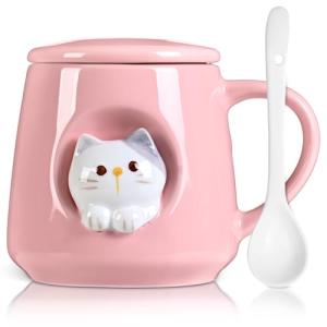 FrutPunch Ceramic Cute Coffee Mug, 12.8 oz Funny Coffee Mug with Lid and Spoon, Fun Gift for Women, Girls, Kids, Cat Lovers