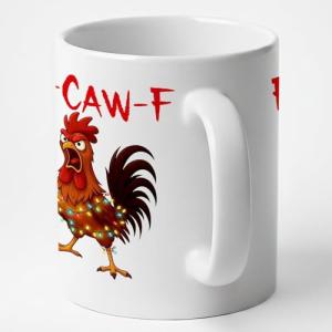 Personalized Funny caw-F Christmas Chicken Mug 15oz – Custom Farm Rooster Lights Name Design, Gift for Friends, Coworkers, Siblings, Ceramic Cup for Hot Drinks, Festive Humor Kitchen Decor
