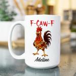 Personalized Funny caw-F Christmas Chicken Mug 15oz – Custom Farm Rooster Lights Name Design, Gift for Friends, Coworkers, Siblings, Ceramic Cup for Hot Drinks, Festive Humor Kitchen Decor