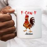 Personalized Funny caw-F Christmas Chicken Mug 15oz – Custom Farm Rooster Lights Name Design, Gift for Friends, Coworkers, Siblings, Ceramic Cup for Hot Drinks, Festive Humor Kitchen Decor