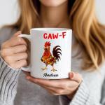 Personalized Funny caw-F Christmas Chicken Mug 15oz – Custom Farm Rooster Lights Name Design, Gift for Friends, Coworkers, Siblings, Ceramic Cup for Hot Drinks, Festive Humor Kitchen Decor