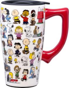 Spoontiques Peanuts Travel Mug Ceramic Travel Coffee Mug with Lid and Handle - Double Walled Mug for Hot and Cold Beverages - Microwave and Dishwasher Safe, Spill Proof Lid