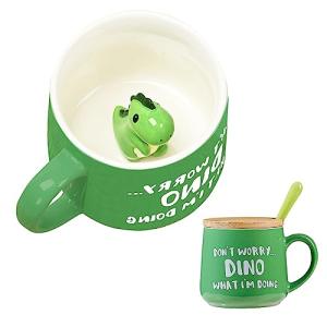 BigNoseDeer Cute Dinosaur Mug Ceramic Coffee Mug with 3D Cartoon Dino Inside,Funny Mugs with lid Spoon,White Elephant Gifts for Adults,Gag Gifts for Women Animal Gift Cute Stuff Cool Stuff