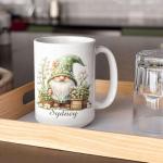 Personalized Lily of the Valley Gnome Coffee Mug, Custom Name Garden Lover Cup 11oz 15oz, Whimsical Floral Gnome White Ceramic Mug, Cute Nature Inspired Coffee Cup, Gifts for Her