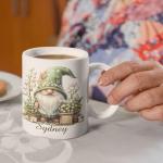 Personalized Lily of the Valley Gnome Coffee Mug, Custom Name Garden Lover Cup 11oz 15oz, Whimsical Floral Gnome White Ceramic Mug, Cute Nature Inspired Coffee Cup, Gifts for Her