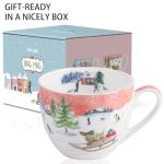 MFoffice Christmas Sled Dog Mug - 20 oz Bone China Coffee Tea Hug Mug with Pink Winter Sky & Snow Trees, Holiday and Christmas Gift for Friends & Family - Designed in England by Harvest Green Studio