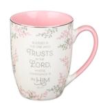 Christian Art Gifts Encouraging Scripture Ceramic Mug for Women: Blessed is the One Who Trusts in the Lord - Jeremiah 17:7 Inspirational Bible Verse Novelty Hot & Cold Beverage, White and Pink 12 oz.
