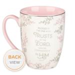 Christian Art Gifts Encouraging Scripture Ceramic Mug for Women: Blessed is the One Who Trusts in the Lord - Jeremiah 17:7 Inspirational Bible Verse Novelty Hot & Cold Beverage, White and Pink 12 oz.