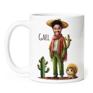 Custom Name and Photo Coffee Mug, Funny Sombrero Character White Cup 11oz 15oz, Personalized Mexican Holiday Mug with Cute Cat and Cactus, Mexico Theme Ceramic Cup, Gifts for Men