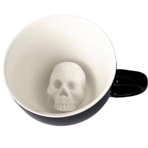 Creature Cups SKULL Ceramic Cup (11 Ounce, Black Exterior) - Hidden 3D Creature Inside Mug Emerges As You Drink - Spooky Halloween Creepy Coffee & Tea Cup
