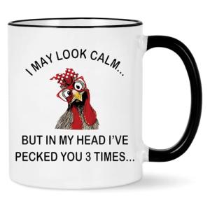 Jmugmt Funny Chicken Rooster Mug, Funny Gifts for Women Men, I May Look Calm But In My Head I've Pecked You 3 Times Mug, Birthday Christmas Gift for Chicken Lover, 11OZ Black Handle