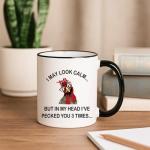 Jmugmt Funny Chicken Rooster Mug, Funny Gifts for Women Men, I May Look Calm But In My Head I've Pecked You 3 Times Mug, Birthday Christmas Gift for Chicken Lover, 11OZ Black Handle