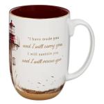Christian Art Gifts Large Inspirational Ceramic Coffee & Tea Scripture Mug for Men & Women: I Will Carry You Encouraging Bible Verse, Lighthouse Themed Novelty Clay Base Cup, White & Brown, 15 oz.
