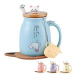 BigNoseDeer Cute Mugs Kawaii Cat Mug Ceramic Coffee Mug Tea Cup with Infuser and Lid Spoon Tea Mug Cute Cool Preppy Stuff Gifts for Women (Blue 13oz)