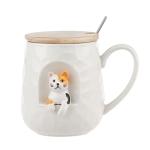 Mug Coffee Ceramic Cup Novel 3D Cat Pattern with Lid and Matching Spoon Cartoon Handmade Mug for Tea Milk Chocolate Juice Suitable for People Who Love Cats Small Animals (Cat side)