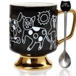 xifengching Christmas Mugs Whimsical Animal Ceramic fun Coffee Mug – 14oz Childlike Hand-Drawn Cat, Dog & Bear Design – Cute gothic Coffee Cup Gift for Women, Girls, Kids (Black)
