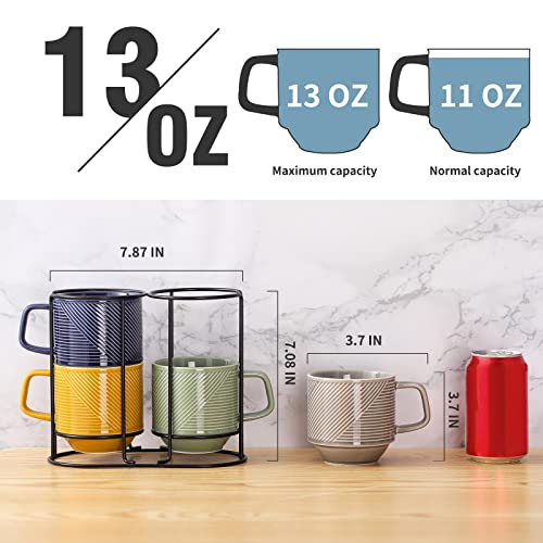 Colorful Stackable Ceramic Coffee Mugs Set: 4 Cups