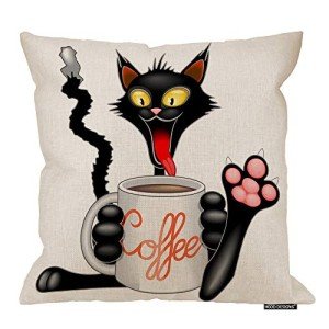HGOD DESIGNS Cat Pillow Case,Happy and Funny Cat Cartoon Character with Big Mug Full of Coffee Cotton Linen Polyester Decorative Home Decor Sofa Couch Desk Chair Bedroom 16x16inch