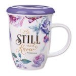 Christian Art Gifts Rose Floral Ceramic Coffee Mug with Purple Lid – 13 oz. Lead and Cadmium-free Inspirational Scripture Coffee and Tea Mug for Women with Bible Verse: Be Still and Know – Psalm 46:10