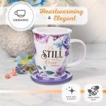 Christian Art Gifts Rose Floral Ceramic Coffee Mug with Purple Lid – 13 oz. Lead and Cadmium-free Inspirational Scripture Coffee and Tea Mug for Women with Bible Verse: Be Still and Know – Psalm 46:10