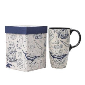 Topadorn Coffee Ceramic Mug Porcelain Latte Tea Cup With Lid in Present Box 17oz, Oceans Art