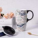 Topadorn Coffee Ceramic Mug Porcelain Latte Tea Cup With Lid in Present Box 17oz, Oceans Art