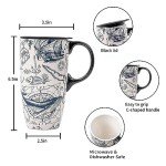 Topadorn Coffee Ceramic Mug Porcelain Latte Tea Cup With Lid in Present Box 17oz, Oceans Art