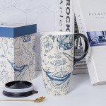 Topadorn Coffee Ceramic Mug Porcelain Latte Tea Cup With Lid in Present Box 17oz, Oceans Art