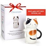 Large Cute Ceramic Coffee Mug with Lid and Spoon Fun Cat Cup for Women Ladies Unique 3D Kawaii Cat Coffee Mugs Lover Mom Gift Animal Funny Christmas Cups Adorable Porcelain Girls Novelty Mug