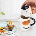Large Cute Ceramic Coffee Mug with Lid and Spoon Fun Cat Cup for Women Ladies Unique 3D Kawaii Cat Coffee Mugs Lover Mom Gift Animal Funny Christmas Cups Adorable Porcelain Girls Novelty Mug